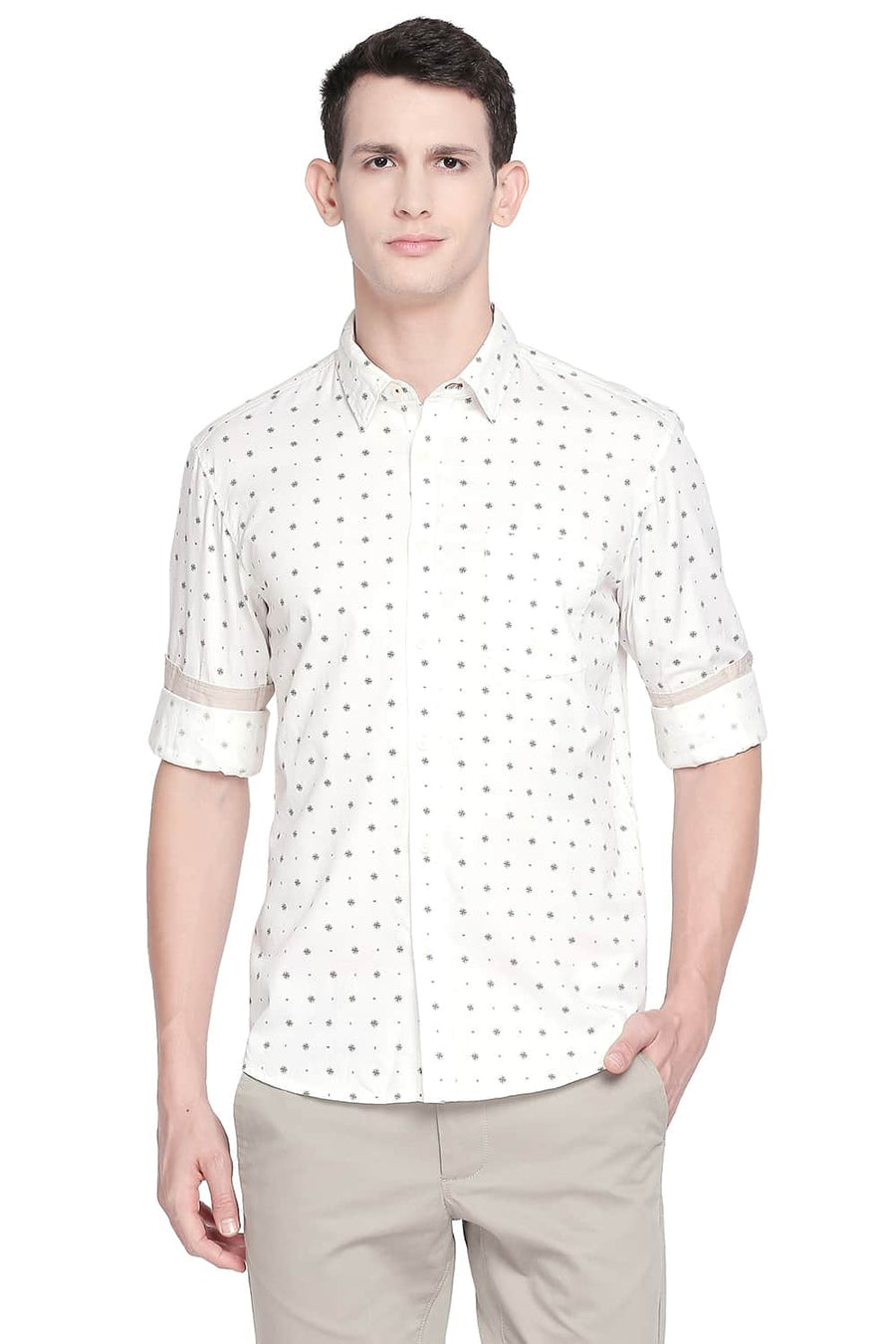 BASICS SLIM FIT PAPYRUS YELLOW TWILL PRINTED SHIRT