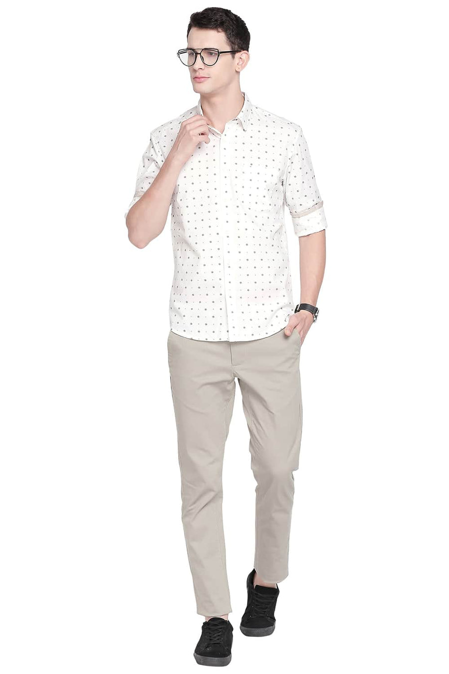 BASICS SLIM FIT PAPYRUS YELLOW TWILL PRINTED SHIRT