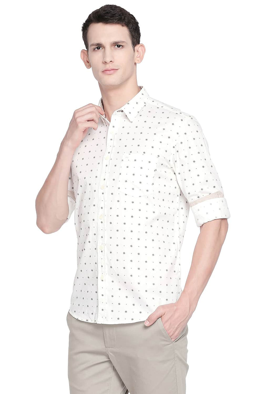 BASICS SLIM FIT PAPYRUS YELLOW TWILL PRINTED SHIRT