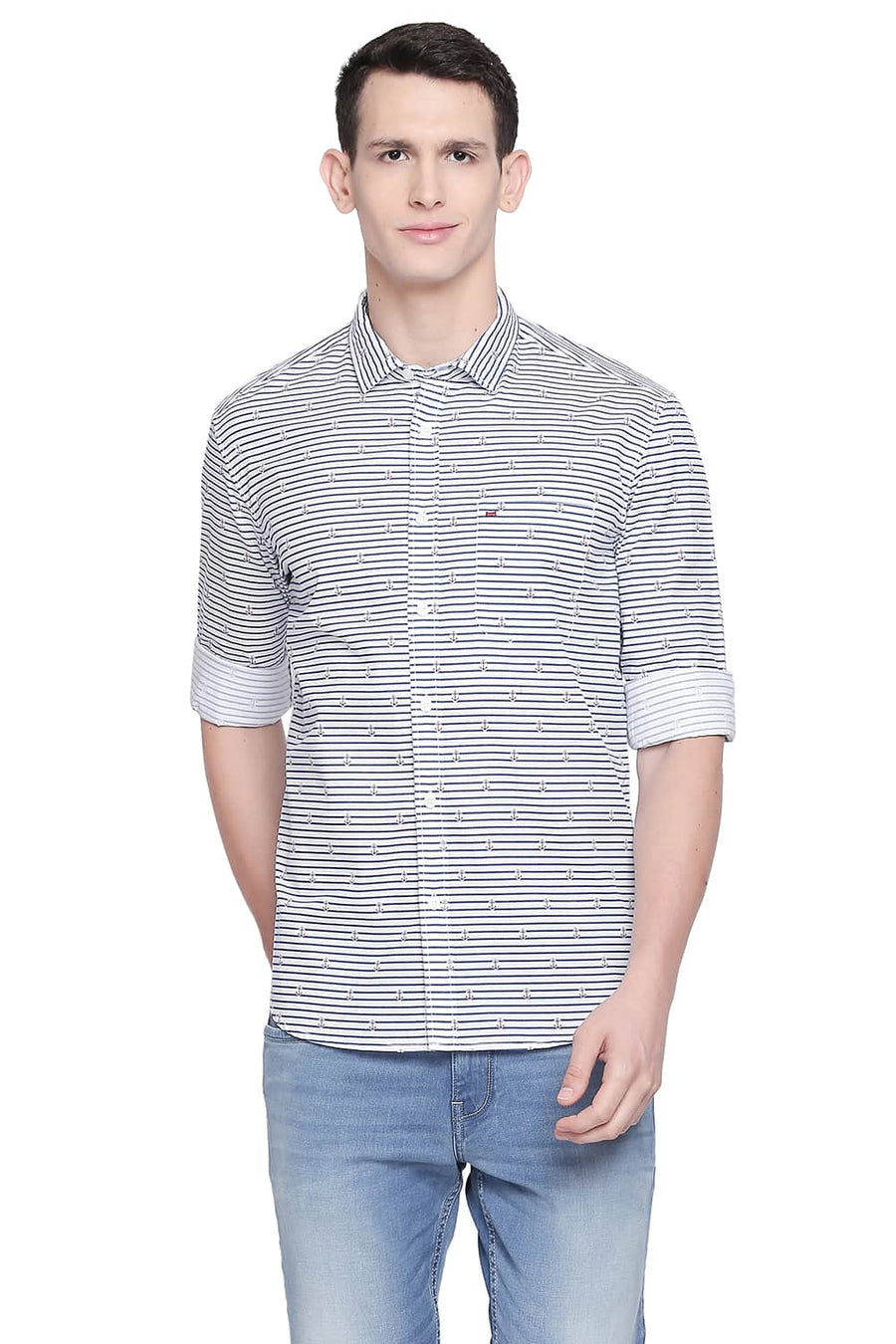 BASICS SLIM FIT ENSIGN NAVY PRINTED TWILL SHIRT