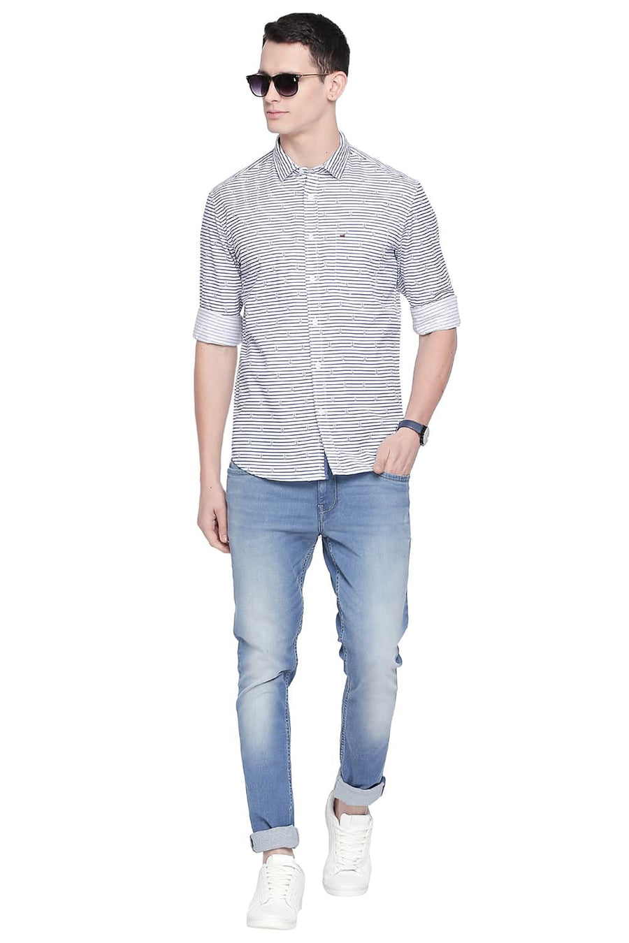 BASICS SLIM FIT ENSIGN NAVY PRINTED TWILL SHIRT