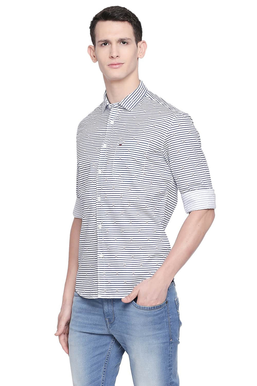 BASICS SLIM FIT ENSIGN NAVY PRINTED TWILL SHIRT