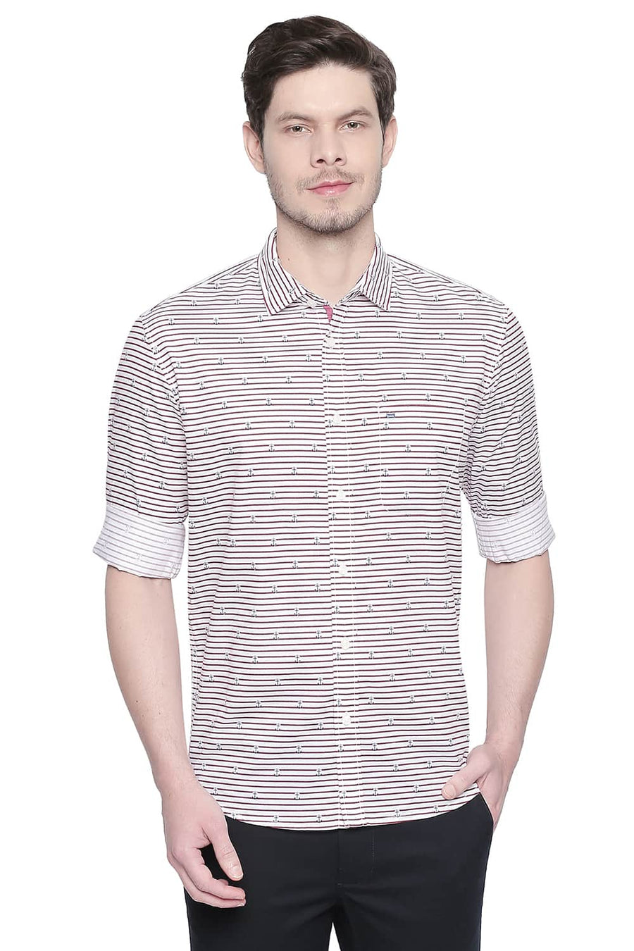 BASICS SLIM FIT RED DAHLIA PRINTED TWILL SHIRT