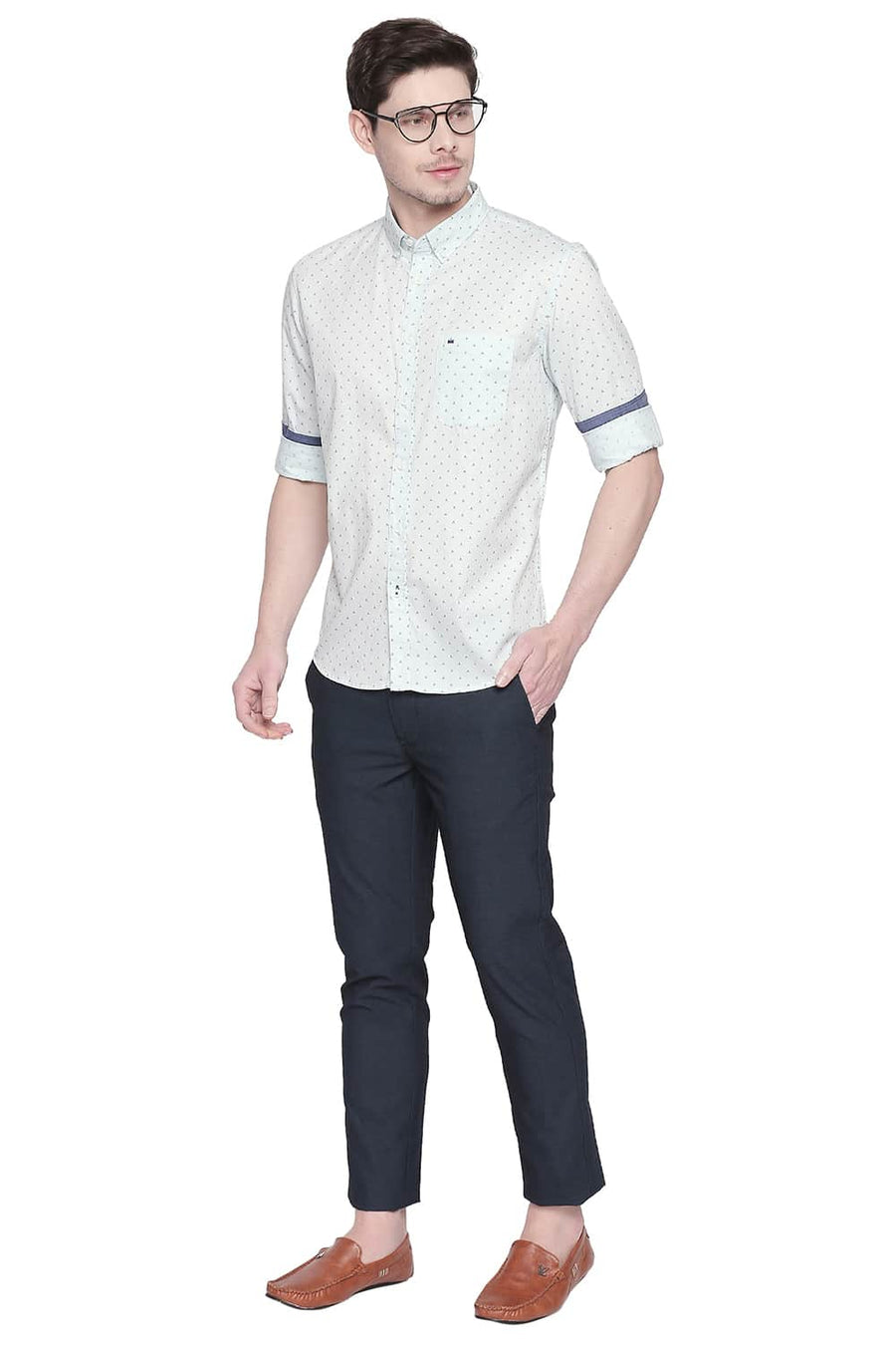 BASICS SLIM FIT CHALK BLUE TWILL PRINTED SHIRT