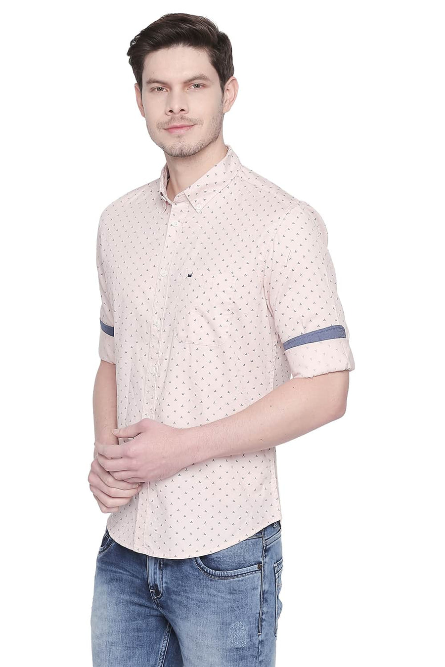 BASICS SLIM FIT PALE ORANGE TWILL PRINTED SHIRT