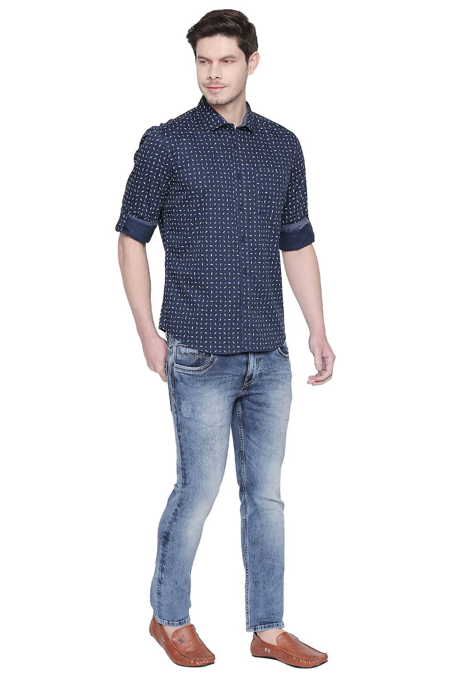 BASICS SLIM FIT MAJOLICA NAVY TWILL PRINTED SHIRT
