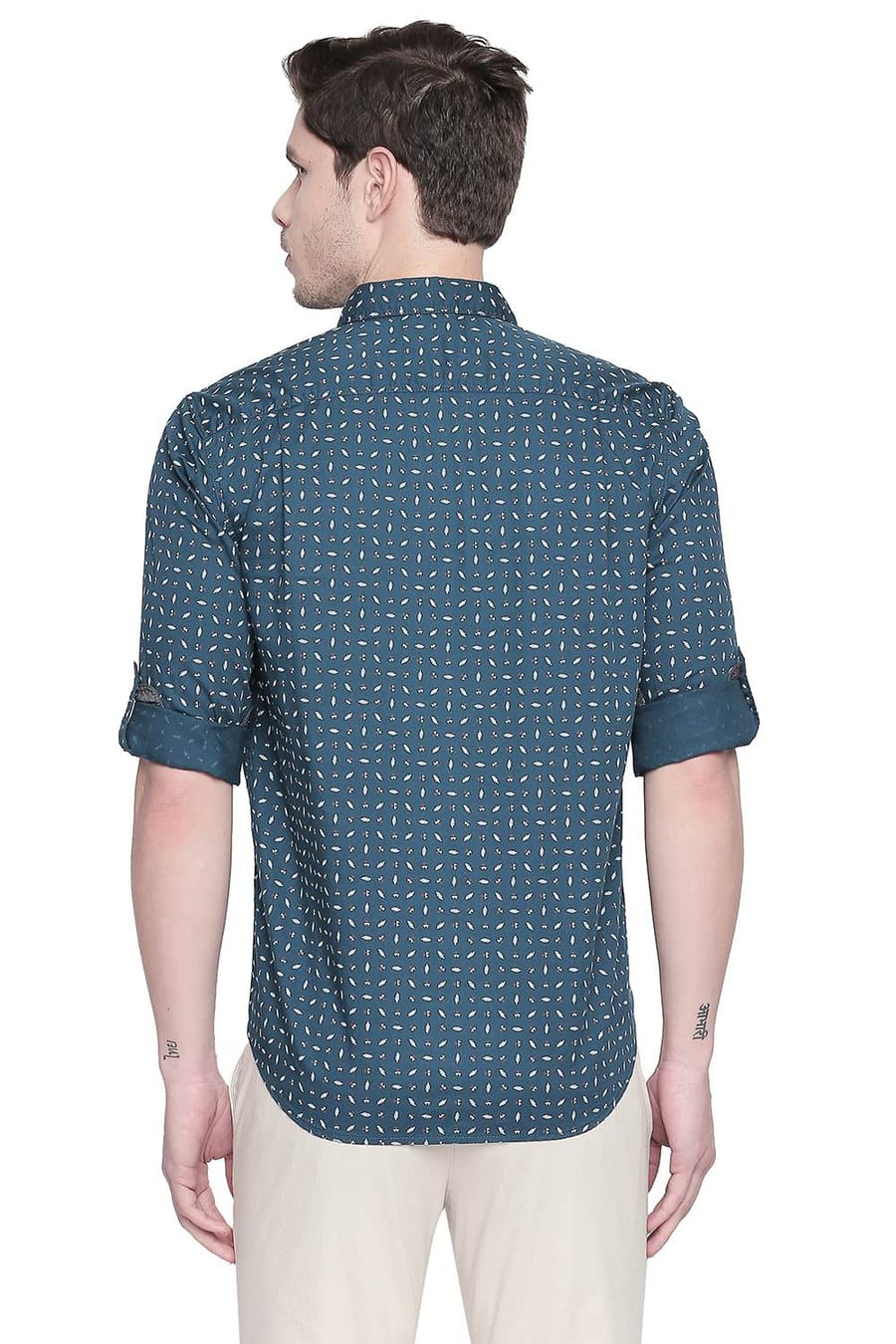 BASICS SLIM FIT DEEP TEAL GREEN TWILL PRINTED SHIRT