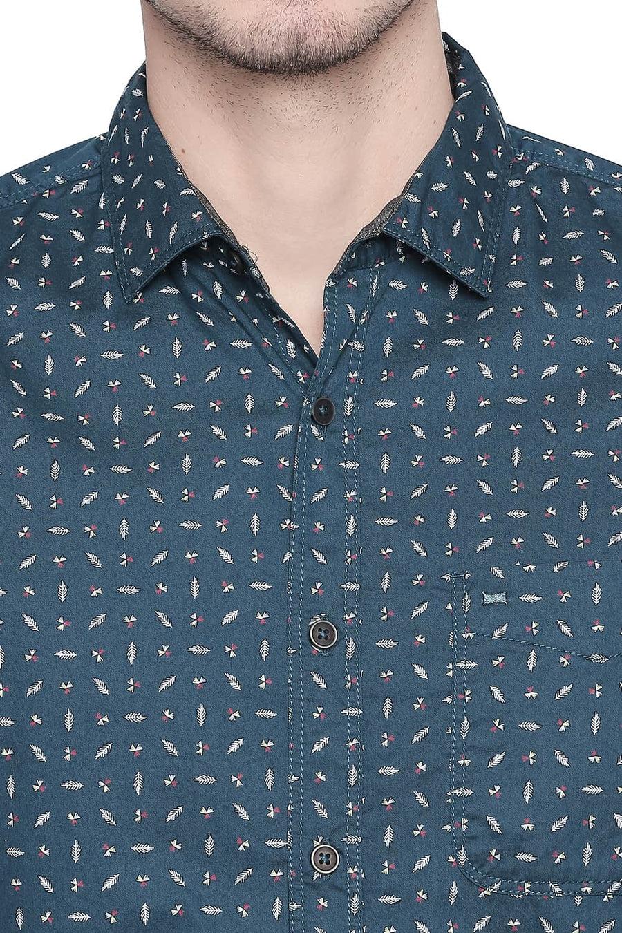 BASICS SLIM FIT DEEP TEAL GREEN TWILL PRINTED SHIRT
