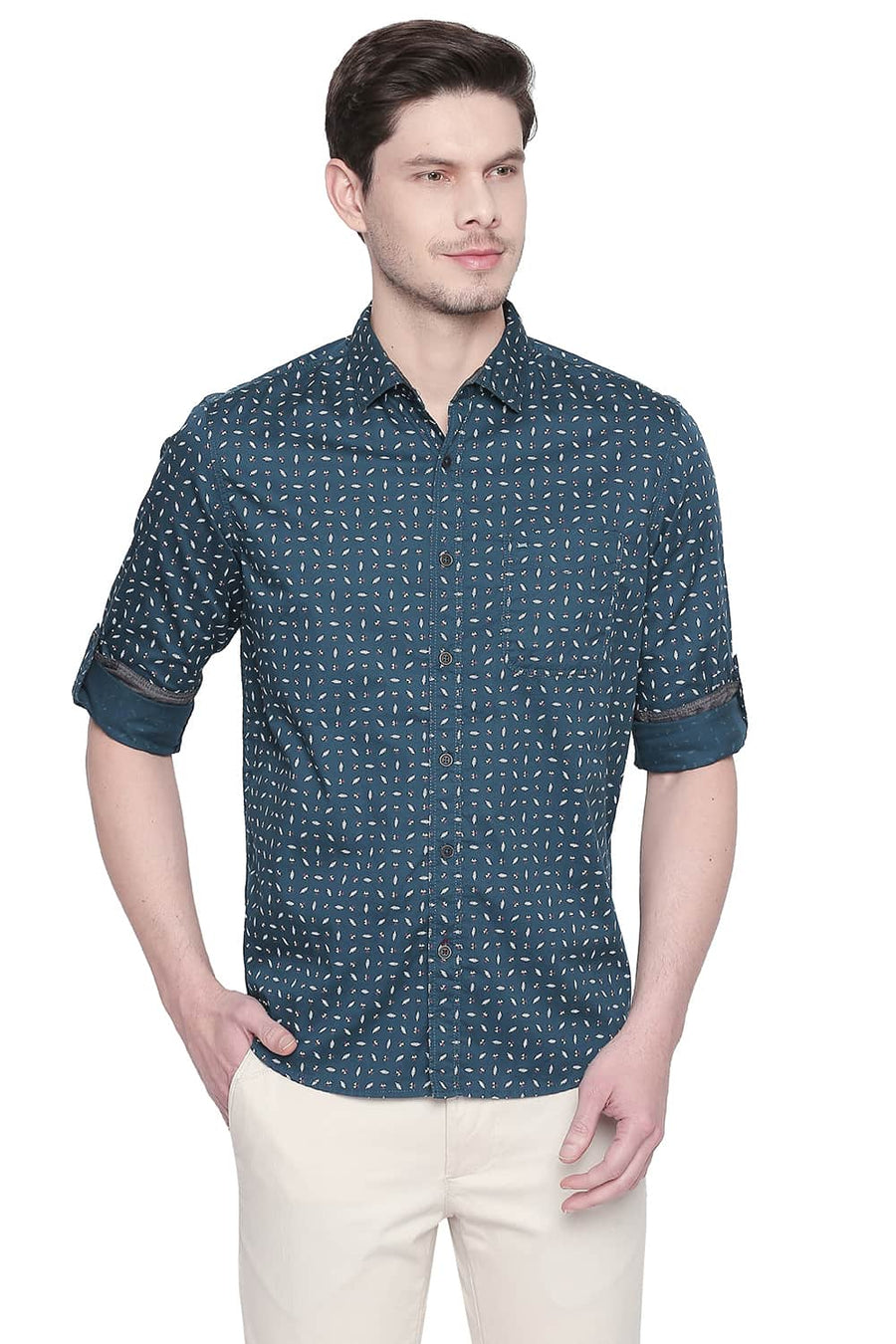 BASICS SLIM FIT DEEP TEAL GREEN TWILL PRINTED SHIRT