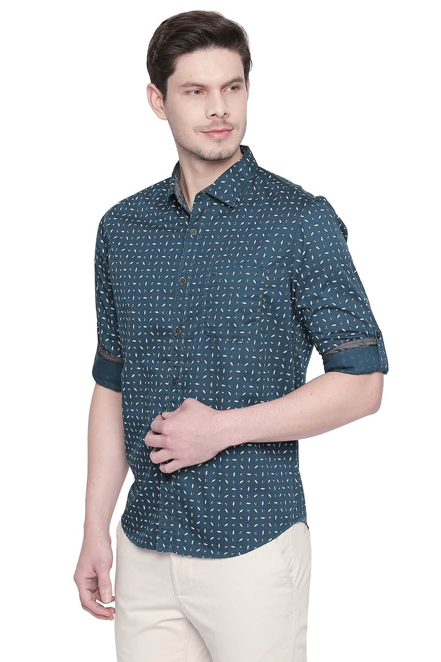BASICS SLIM FIT DEEP TEAL GREEN TWILL PRINTED SHIRT