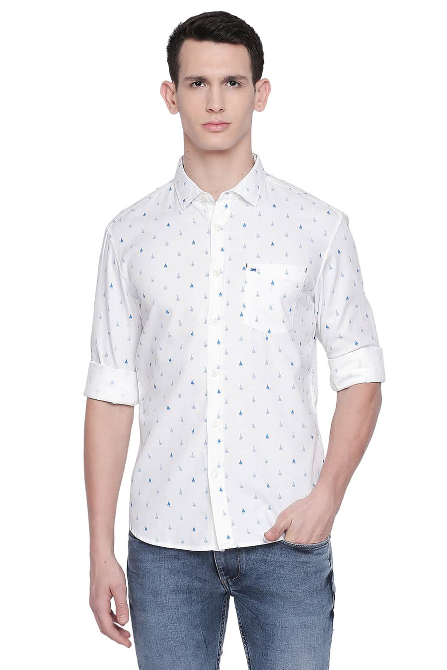 BASICS SLIM FIT BLUE ASTER PRINTED DOBBY SHIRT