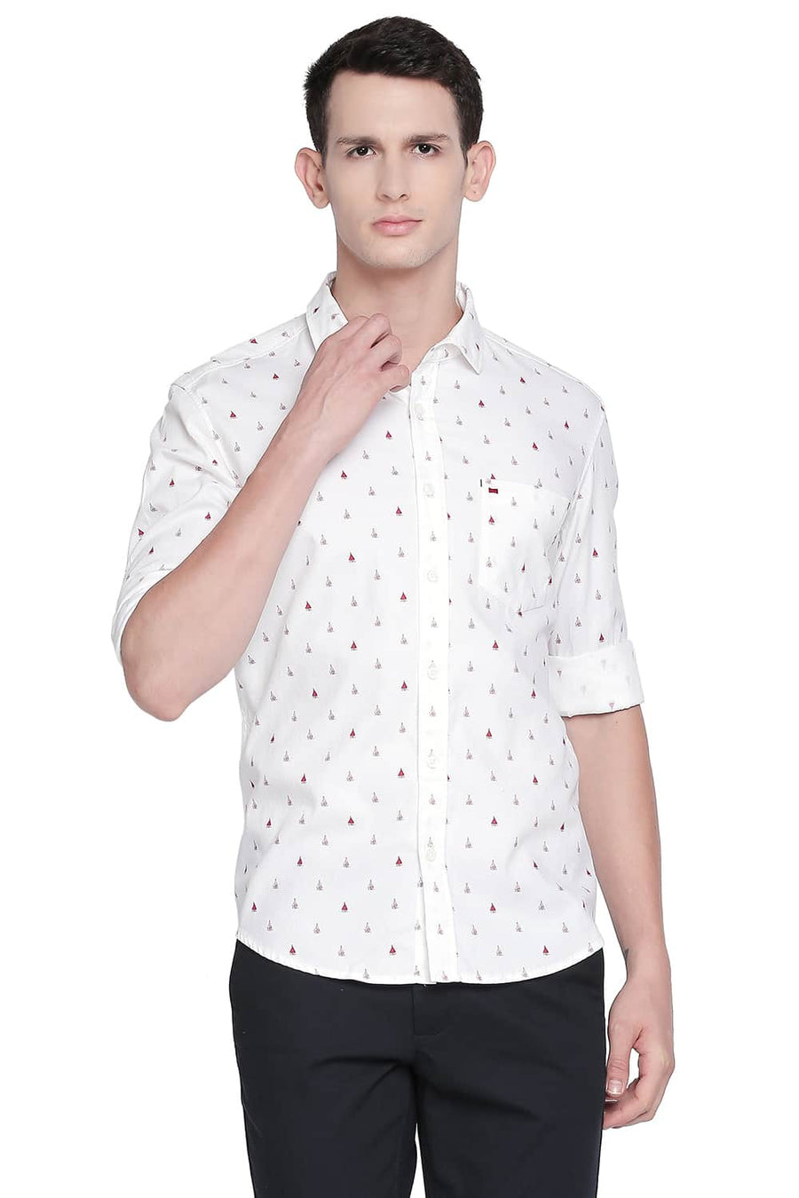 BASICS SLIM FIT SAMBA RED PRINTED DOBBY SHIRT