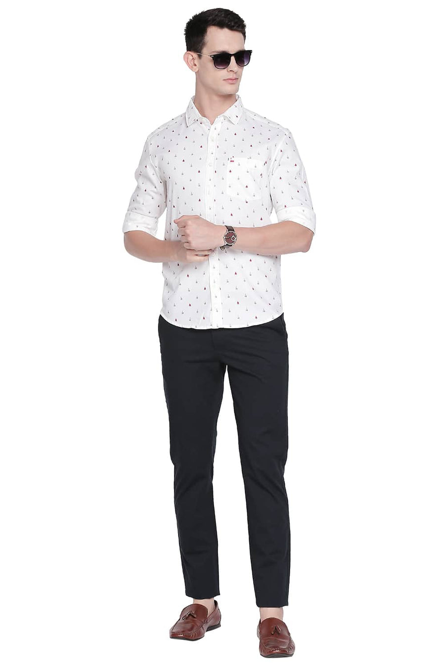 BASICS SLIM FIT SAMBA RED PRINTED DOBBY SHIRT