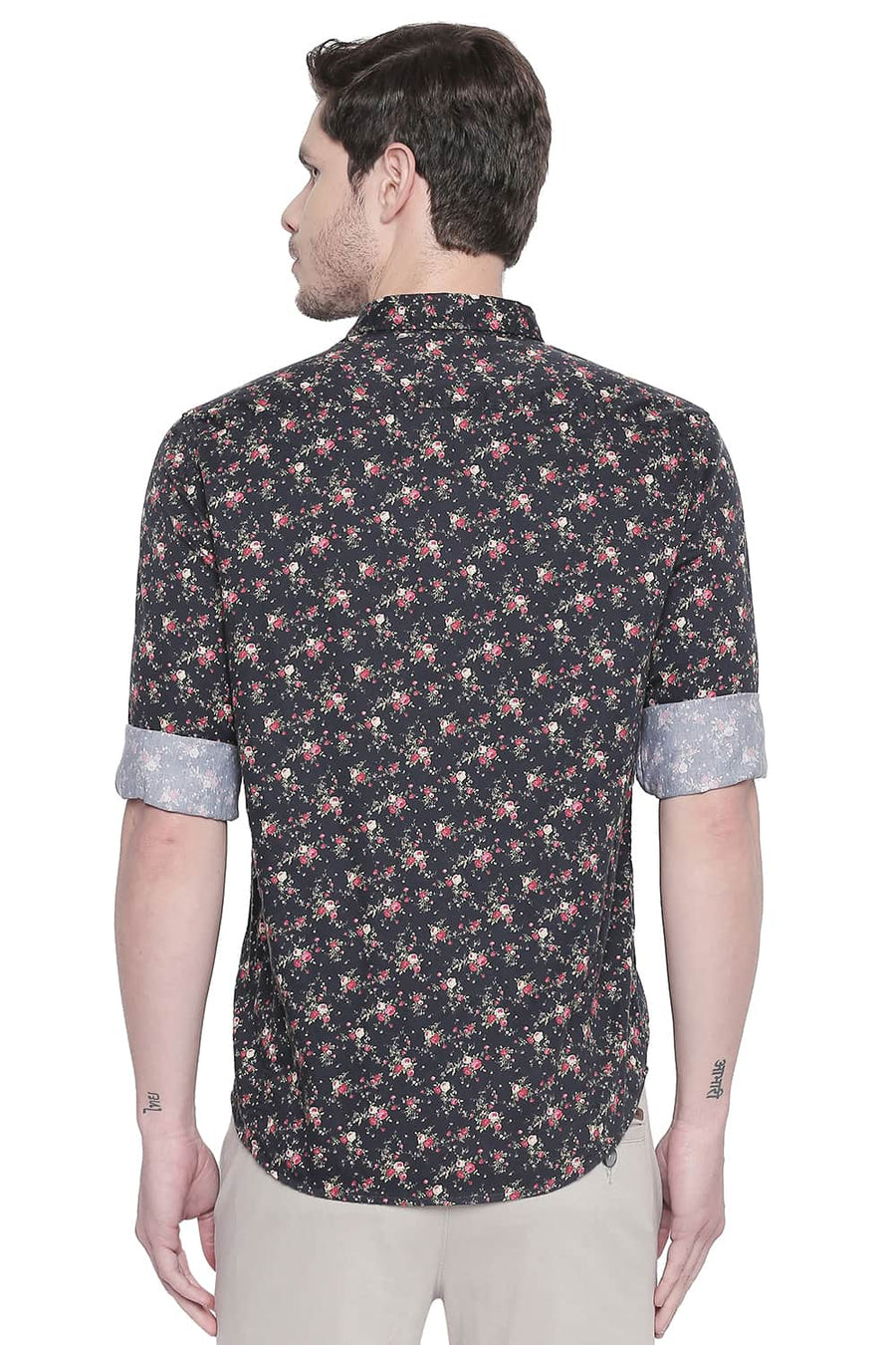 BASICS SLIM FIT CAVIAR BLACK SATIN DIGITAL PRINTED SHIRT