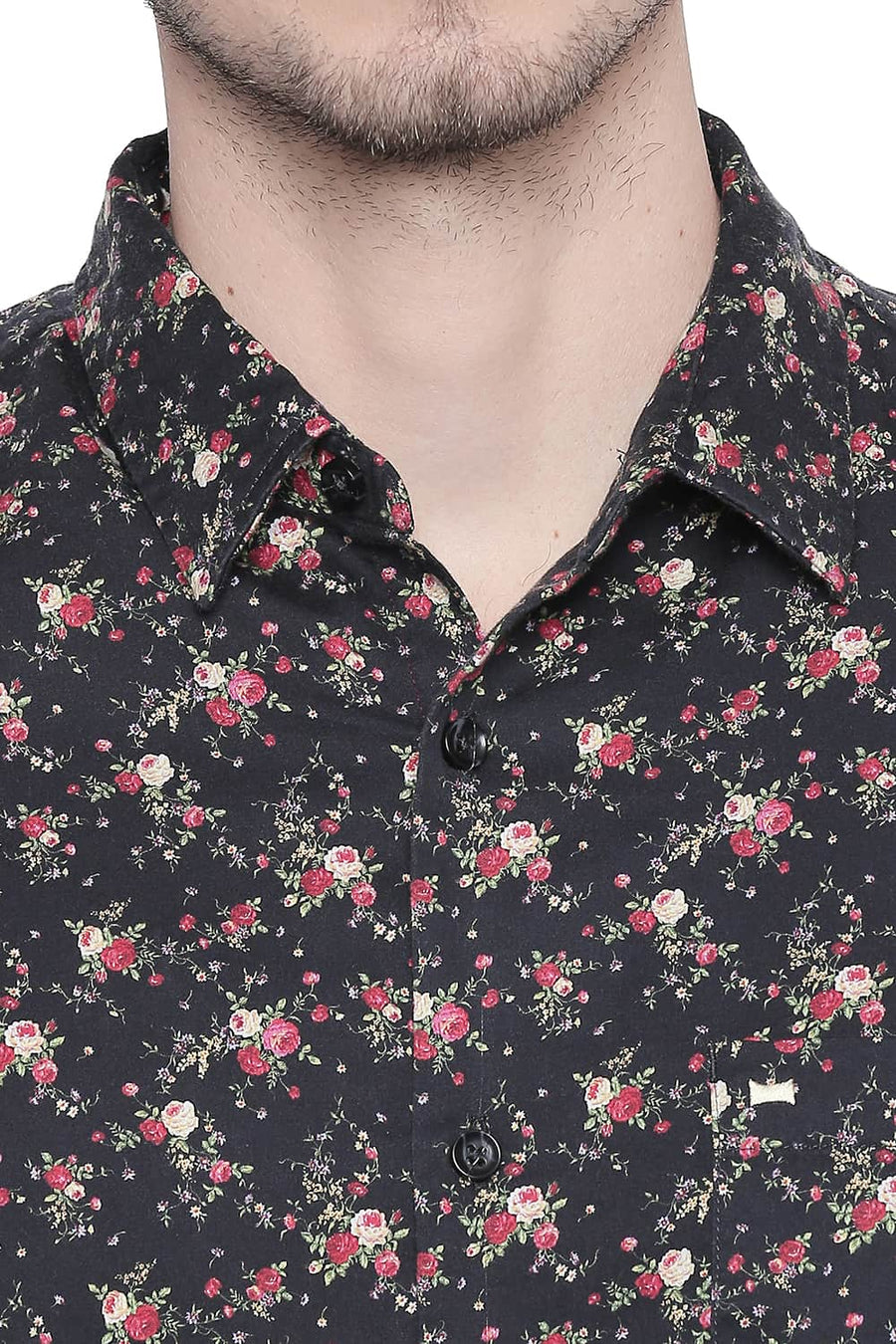 BASICS SLIM FIT CAVIAR BLACK SATIN DIGITAL PRINTED SHIRT