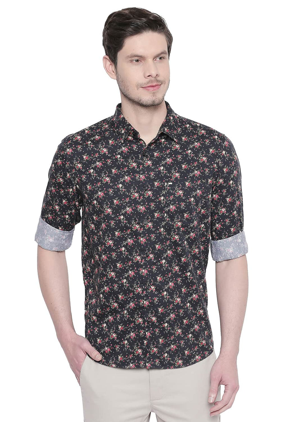 BASICS SLIM FIT CAVIAR BLACK SATIN DIGITAL PRINTED SHIRT