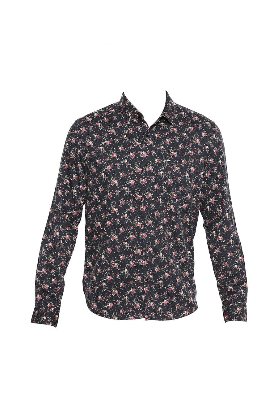 BASICS SLIM FIT CAVIAR BLACK SATIN DIGITAL PRINTED SHIRT