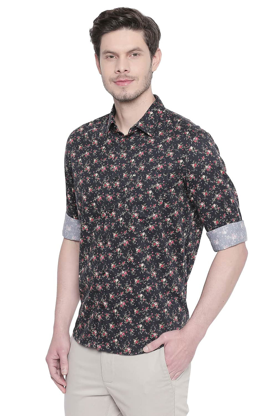 BASICS SLIM FIT CAVIAR BLACK SATIN DIGITAL PRINTED SHIRT