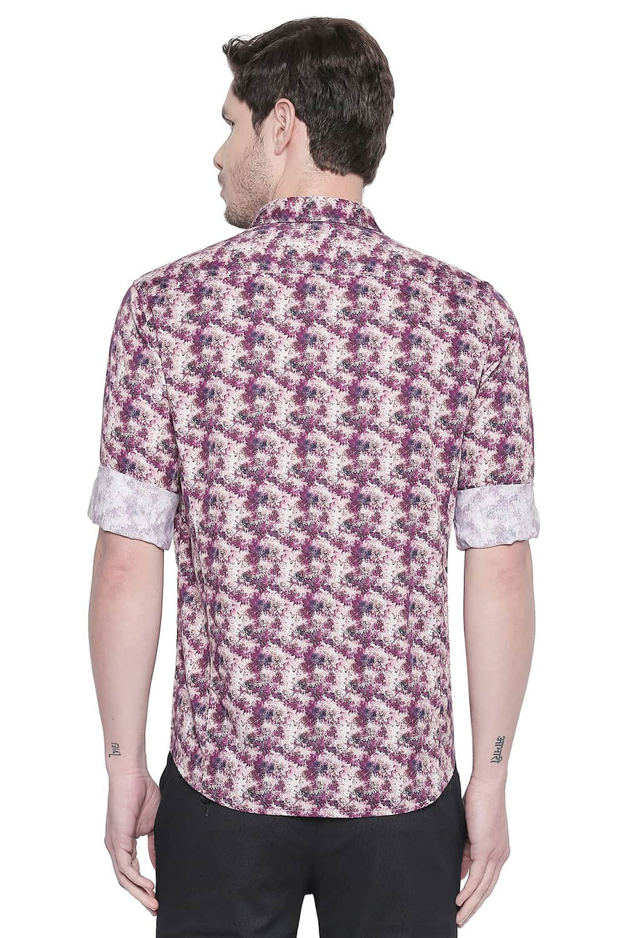 BASICS SLIM FIT PURPLE POTION SATIN DIGITAL PRINTED SHIRT