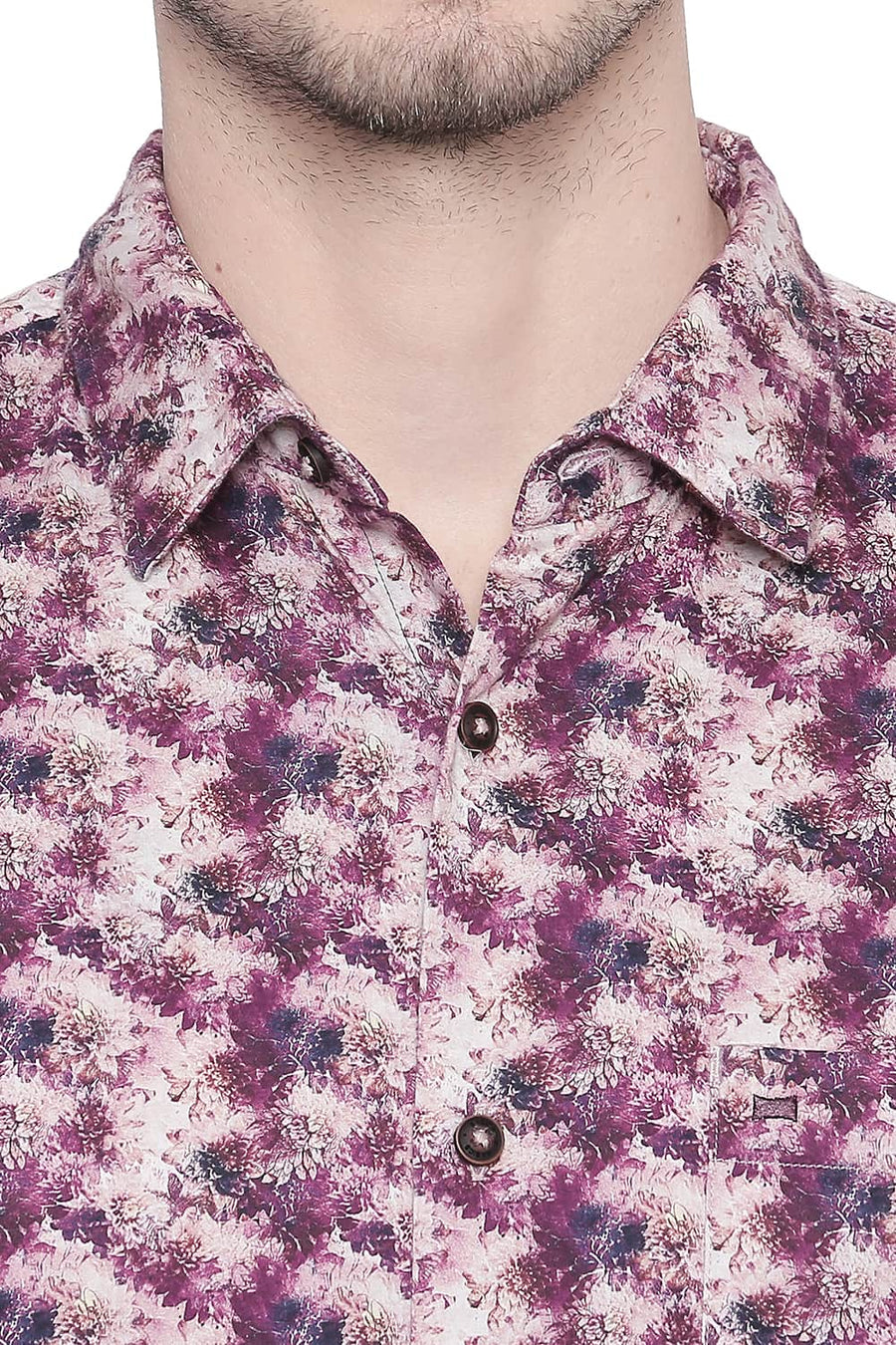 BASICS SLIM FIT PURPLE POTION SATIN DIGITAL PRINTED SHIRT