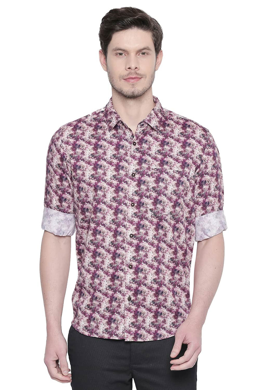 BASICS SLIM FIT PURPLE POTION SATIN DIGITAL PRINTED SHIRT