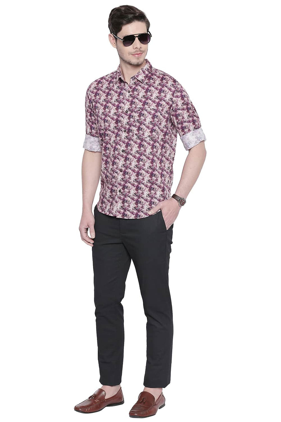 BASICS SLIM FIT PURPLE POTION SATIN DIGITAL PRINTED SHIRT