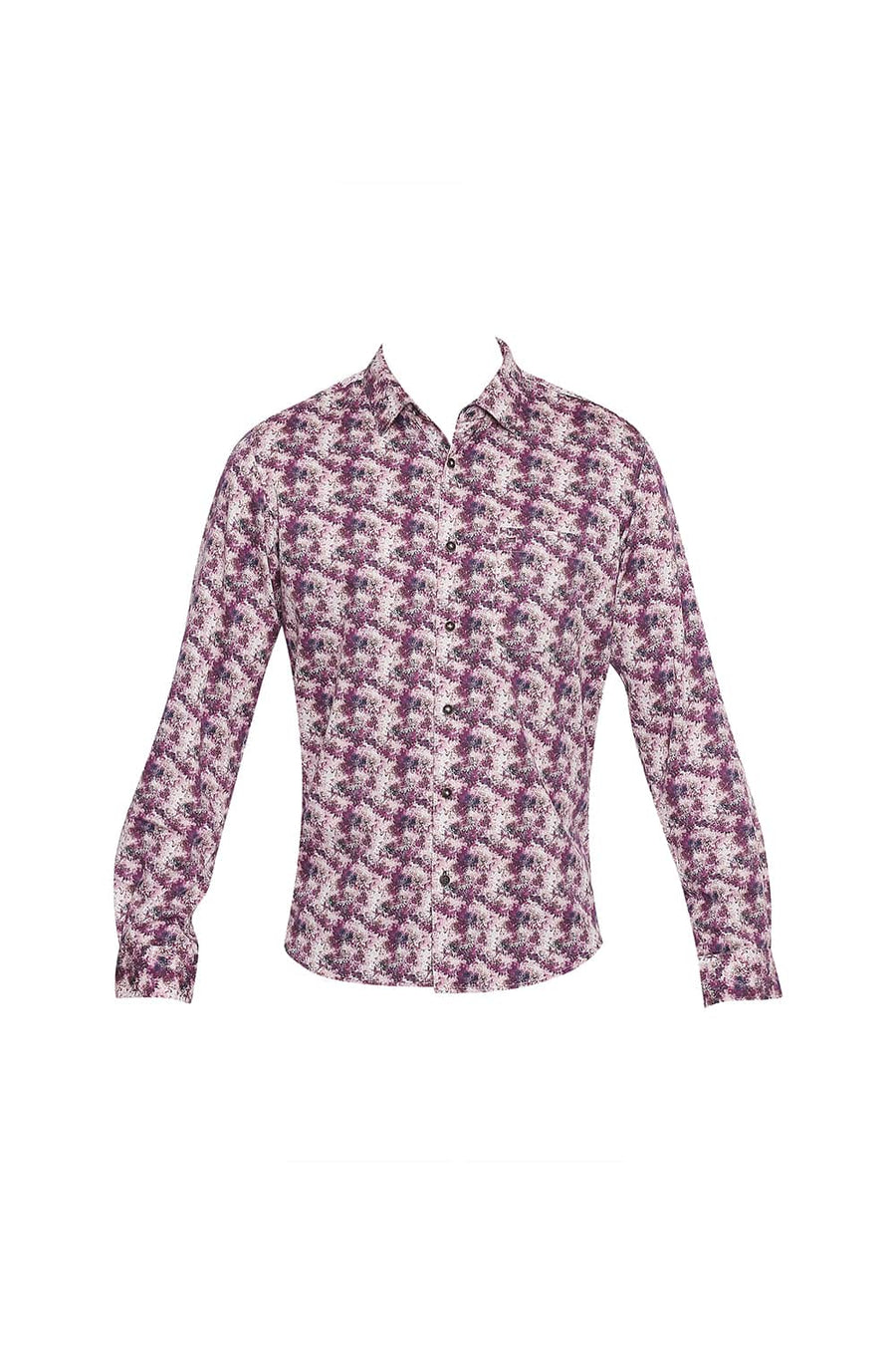 BASICS SLIM FIT PURPLE POTION SATIN DIGITAL PRINTED SHIRT
