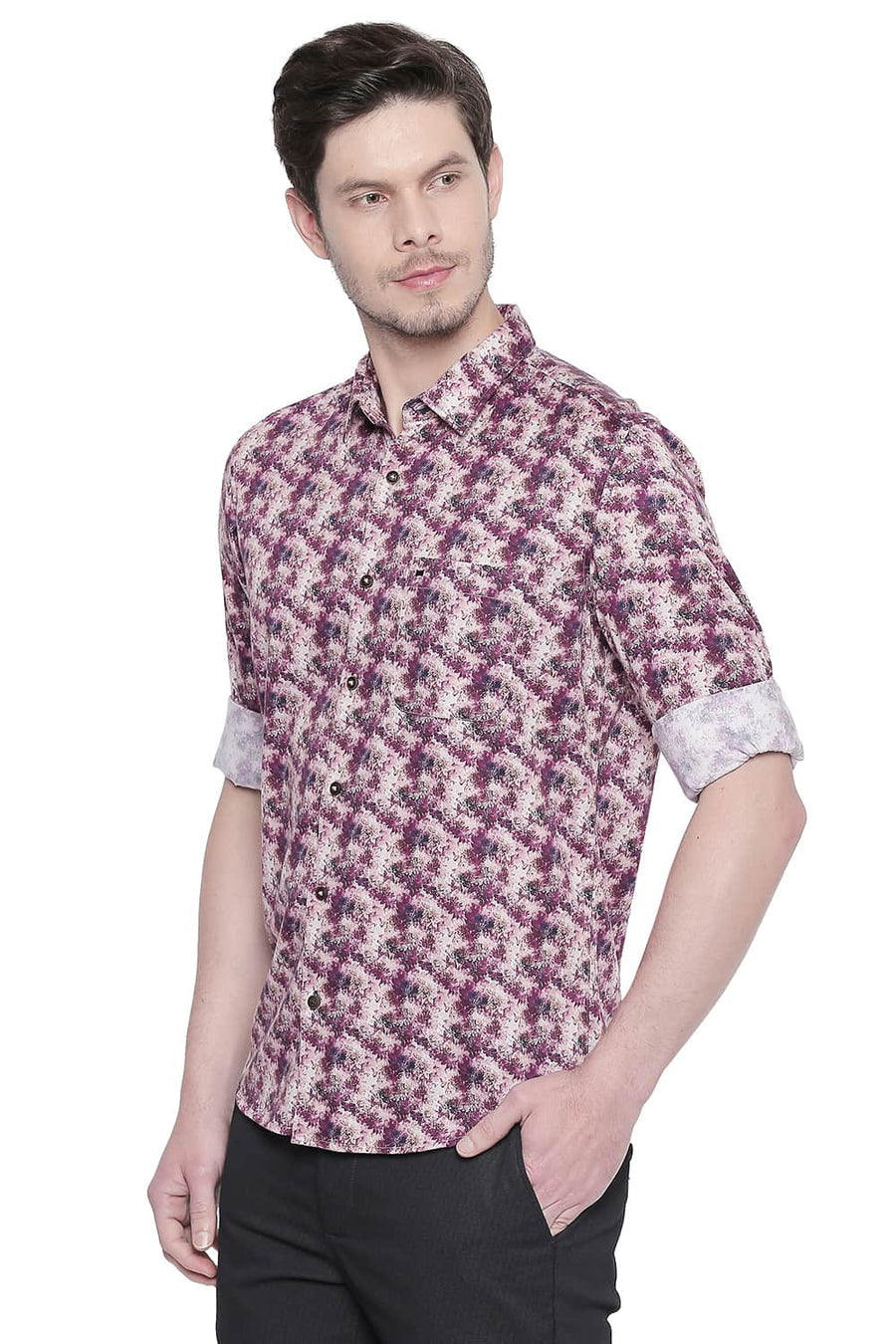 BASICS SLIM FIT PURPLE POTION SATIN DIGITAL PRINTED SHIRT