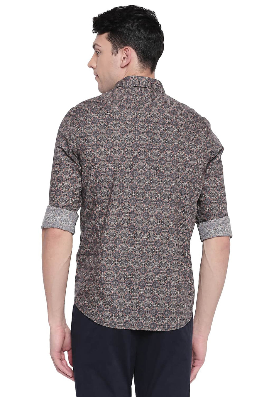 BASICS SLIM FIT CHOCOLATE BROWN POPLIN DIGITAL PRINTED SHIRT