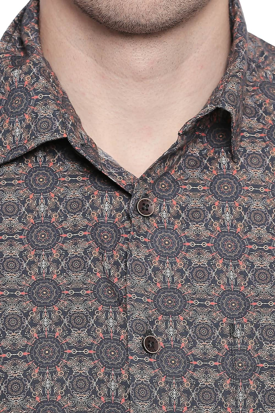 BASICS SLIM FIT CHOCOLATE BROWN POPLIN DIGITAL PRINTED SHIRT