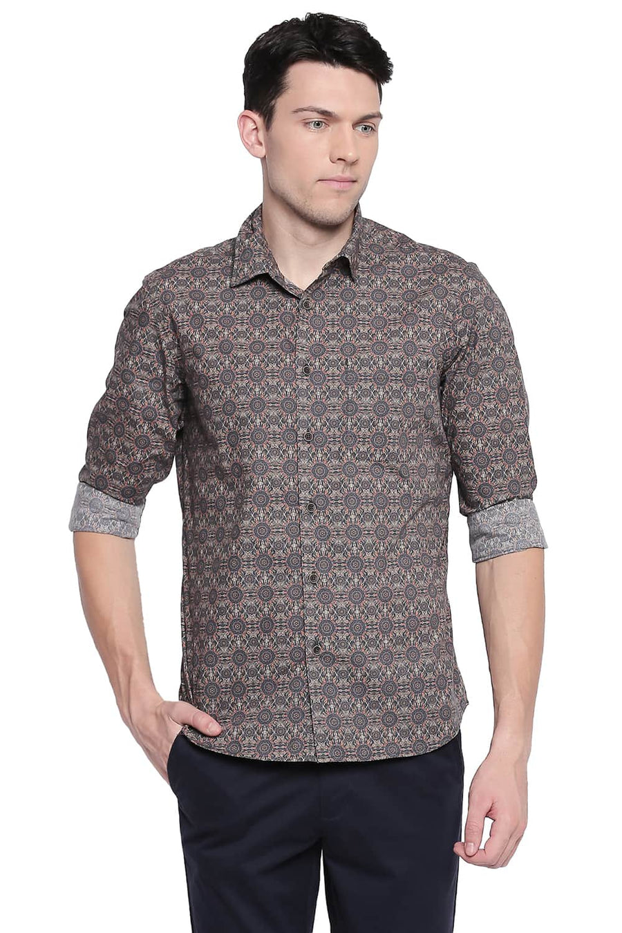 BASICS SLIM FIT CHOCOLATE BROWN POPLIN DIGITAL PRINTED SHIRT