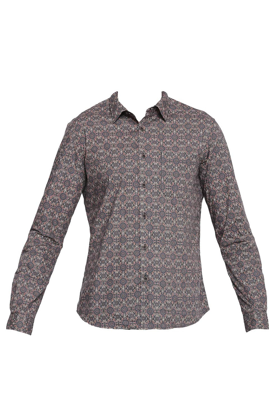 BASICS SLIM FIT CHOCOLATE BROWN POPLIN DIGITAL PRINTED SHIRT
