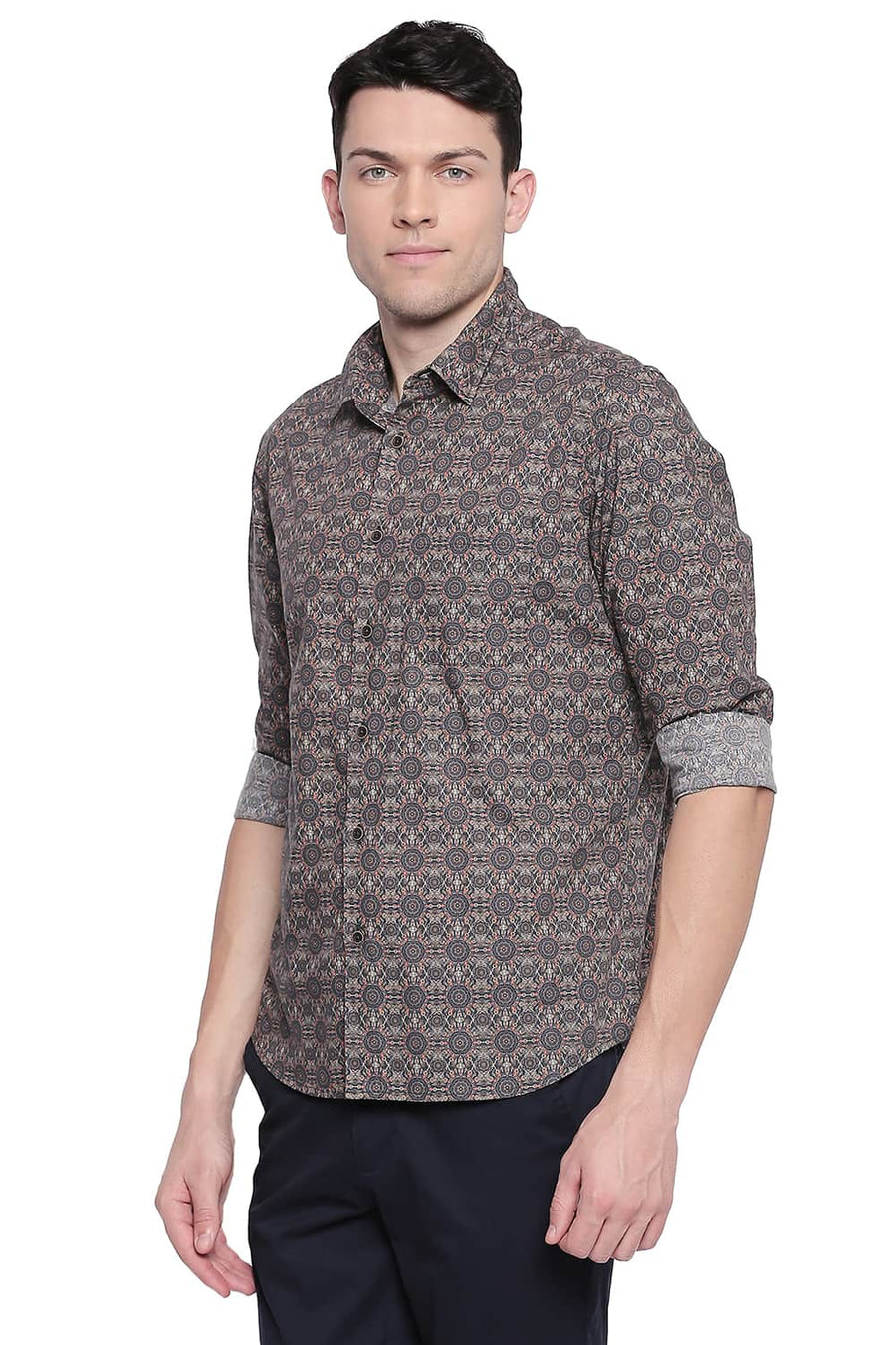BASICS SLIM FIT CHOCOLATE BROWN POPLIN DIGITAL PRINTED SHIRT
