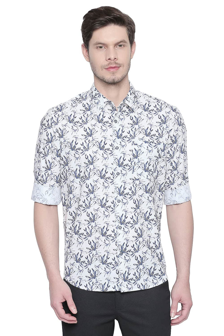 BASICS SLIM FIT MOONBEAM ECRU POPLIN DIGITAL PRINTED SHIRT