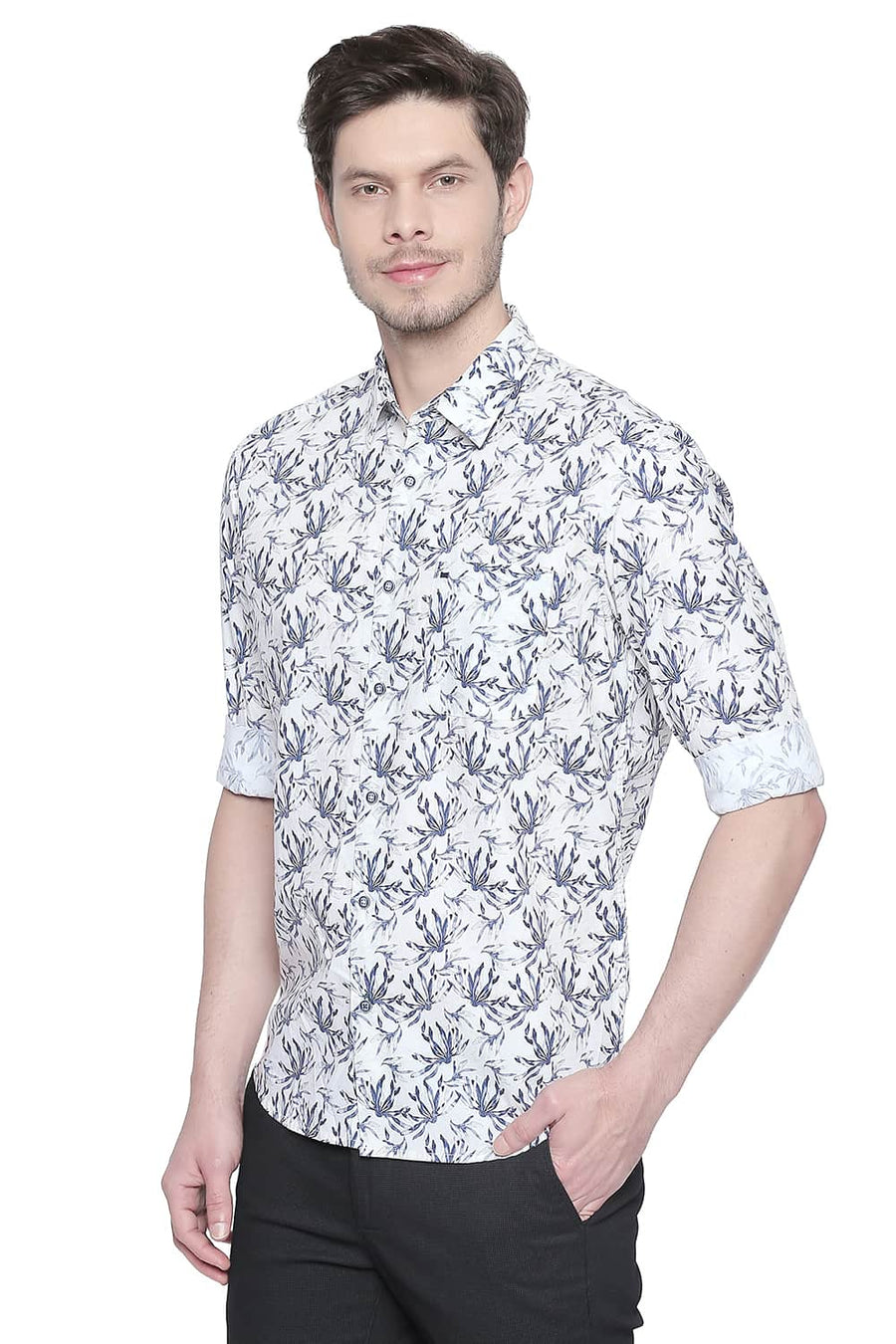 BASICS SLIM FIT MOONBEAM ECRU POPLIN DIGITAL PRINTED SHIRT