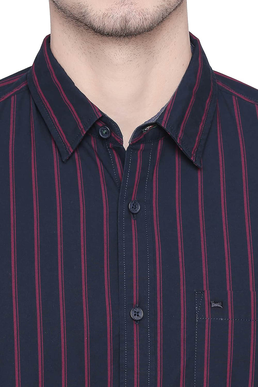 BASICS SLIM FIT DARK NAVY STRIPES SHIRT