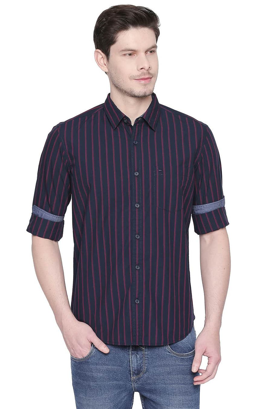 BASICS SLIM FIT DARK NAVY STRIPES SHIRT