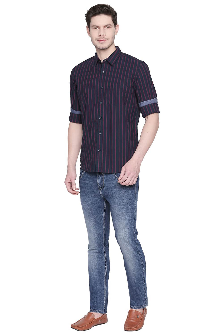 BASICS SLIM FIT DARK NAVY STRIPES SHIRT