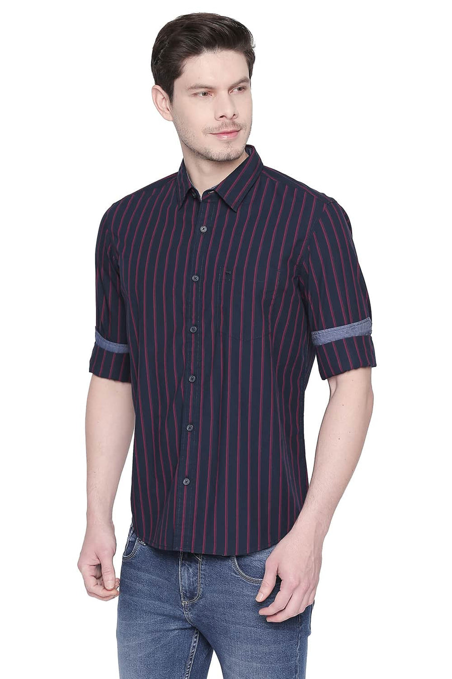 BASICS SLIM FIT DARK NAVY STRIPES SHIRT