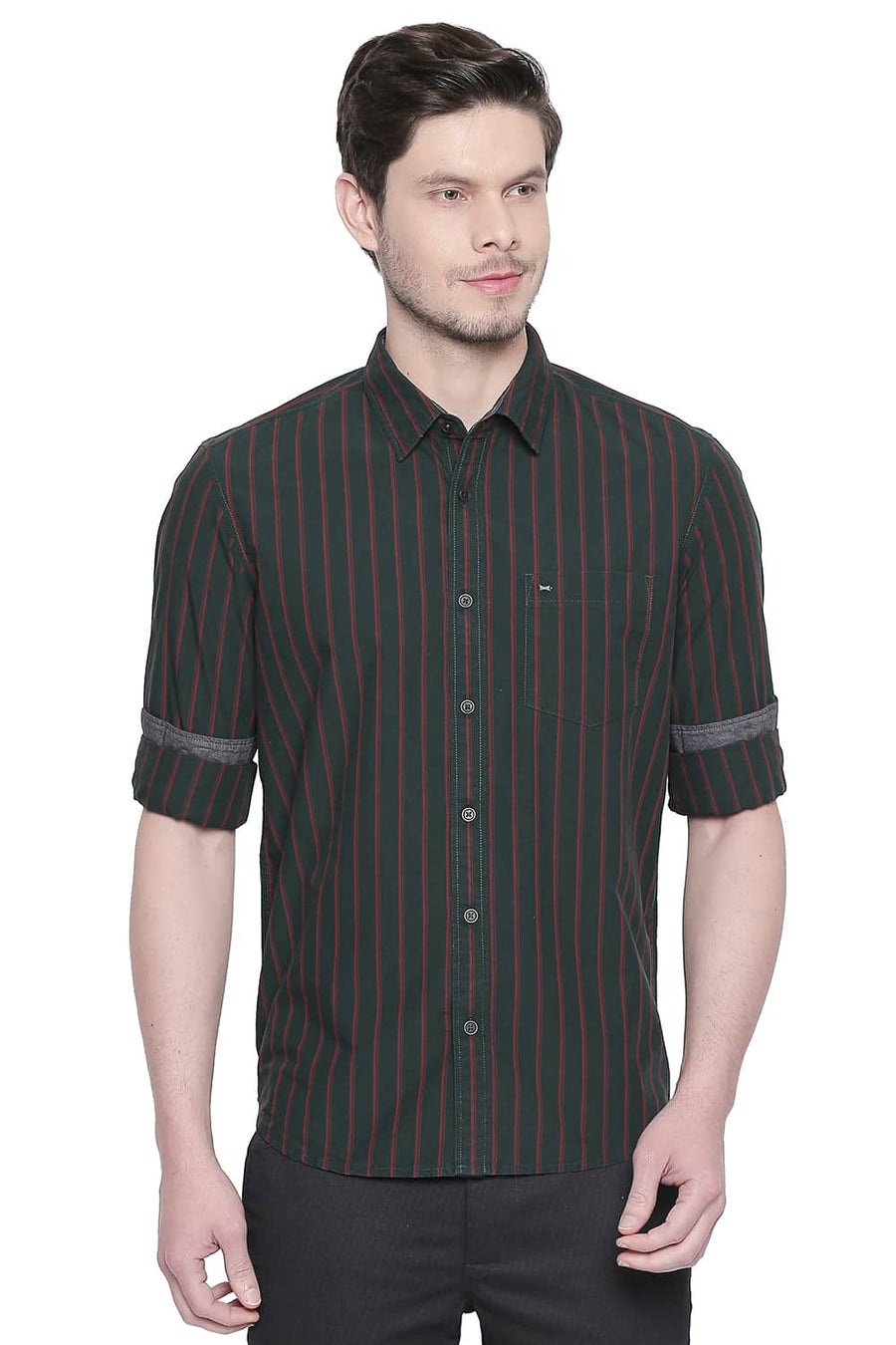 BASICS SLIM FIT GROVE GREEN STRIPES SHIRT