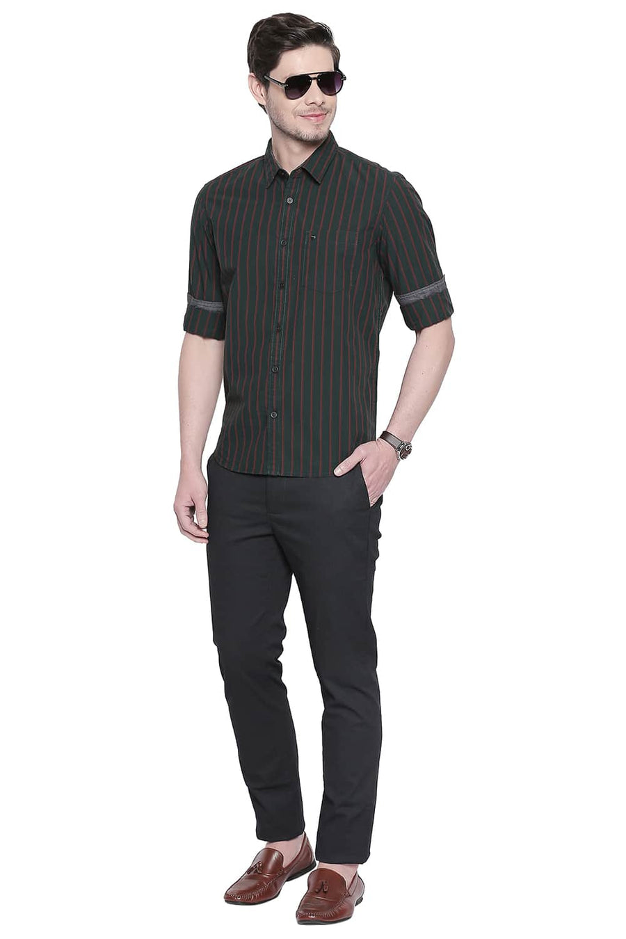 BASICS SLIM FIT GROVE GREEN STRIPES SHIRT