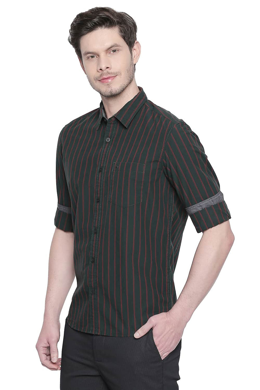 BASICS SLIM FIT GROVE GREEN STRIPES SHIRT