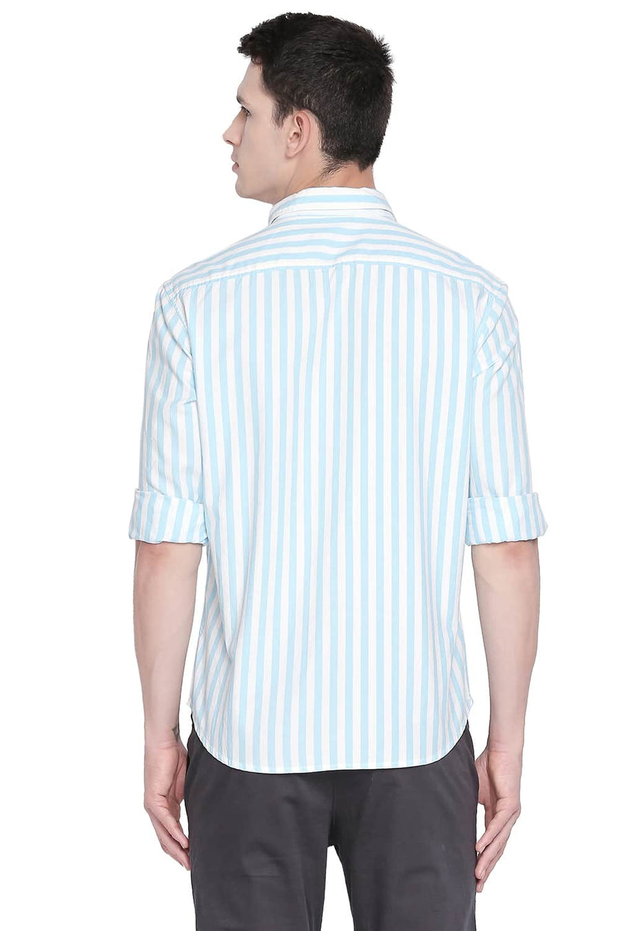 BASICS SLIM FIT CRYSTAL BLUE TWILL STRIPES SHIRT