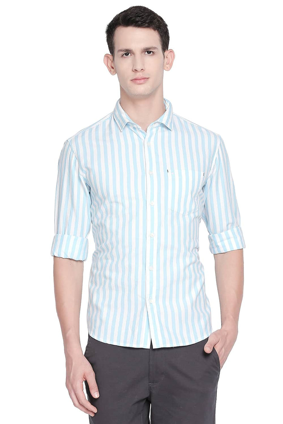 BASICS SLIM FIT CRYSTAL BLUE TWILL STRIPES SHIRT