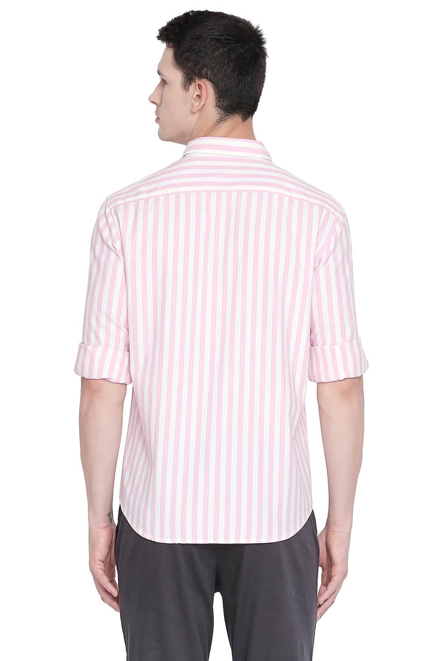 BASICS SLIM FIT PRISM PINK TWILL STRIPES SHIRT