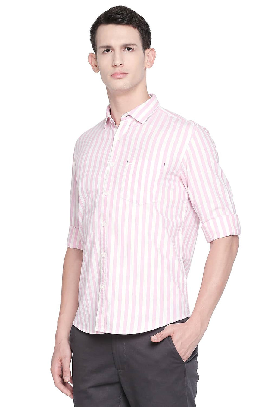 BASICS SLIM FIT PRISM PINK TWILL STRIPES SHIRT