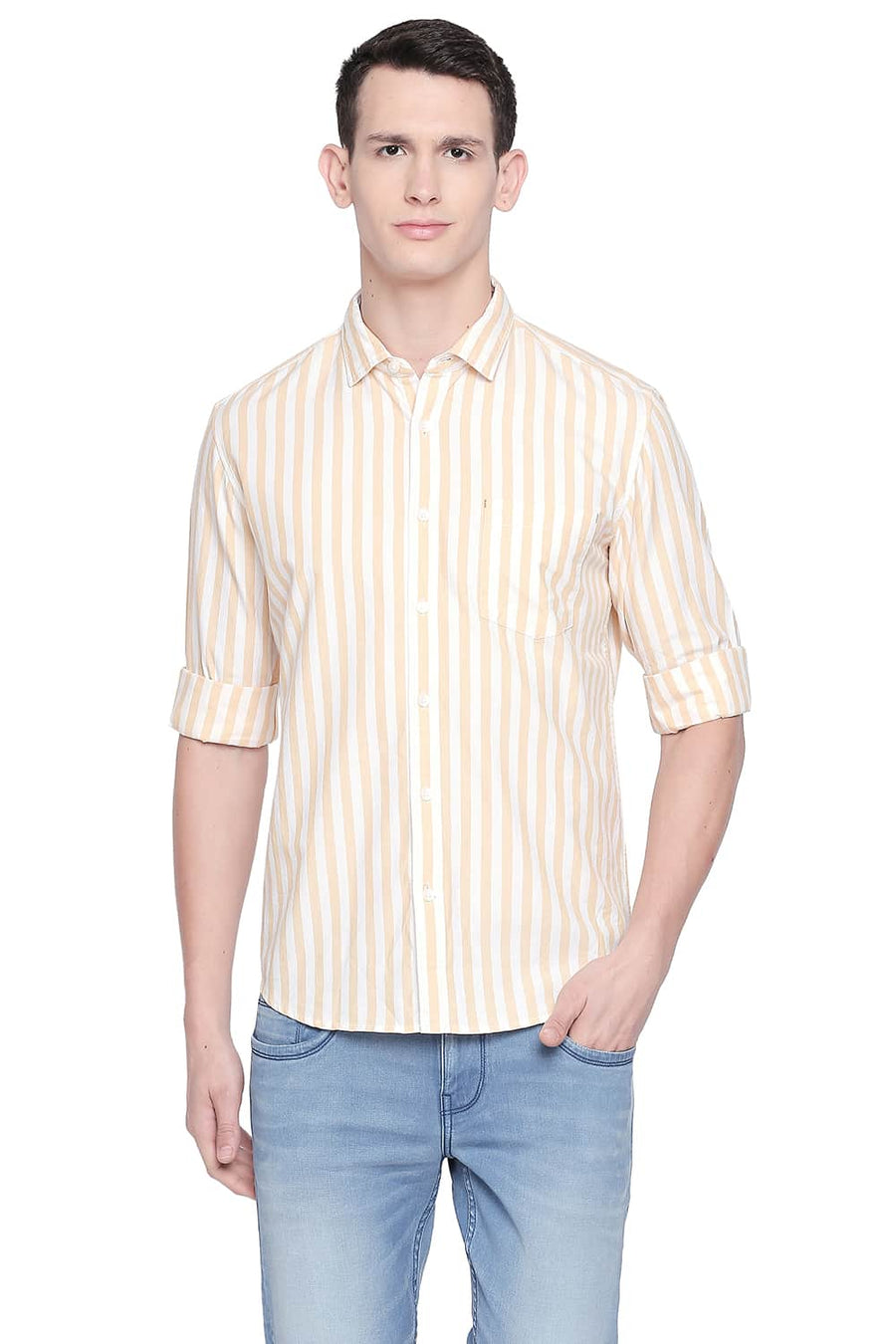 BASICS SLIM FIT IMPALA YELLOW TWILL STRIPES SHIRT