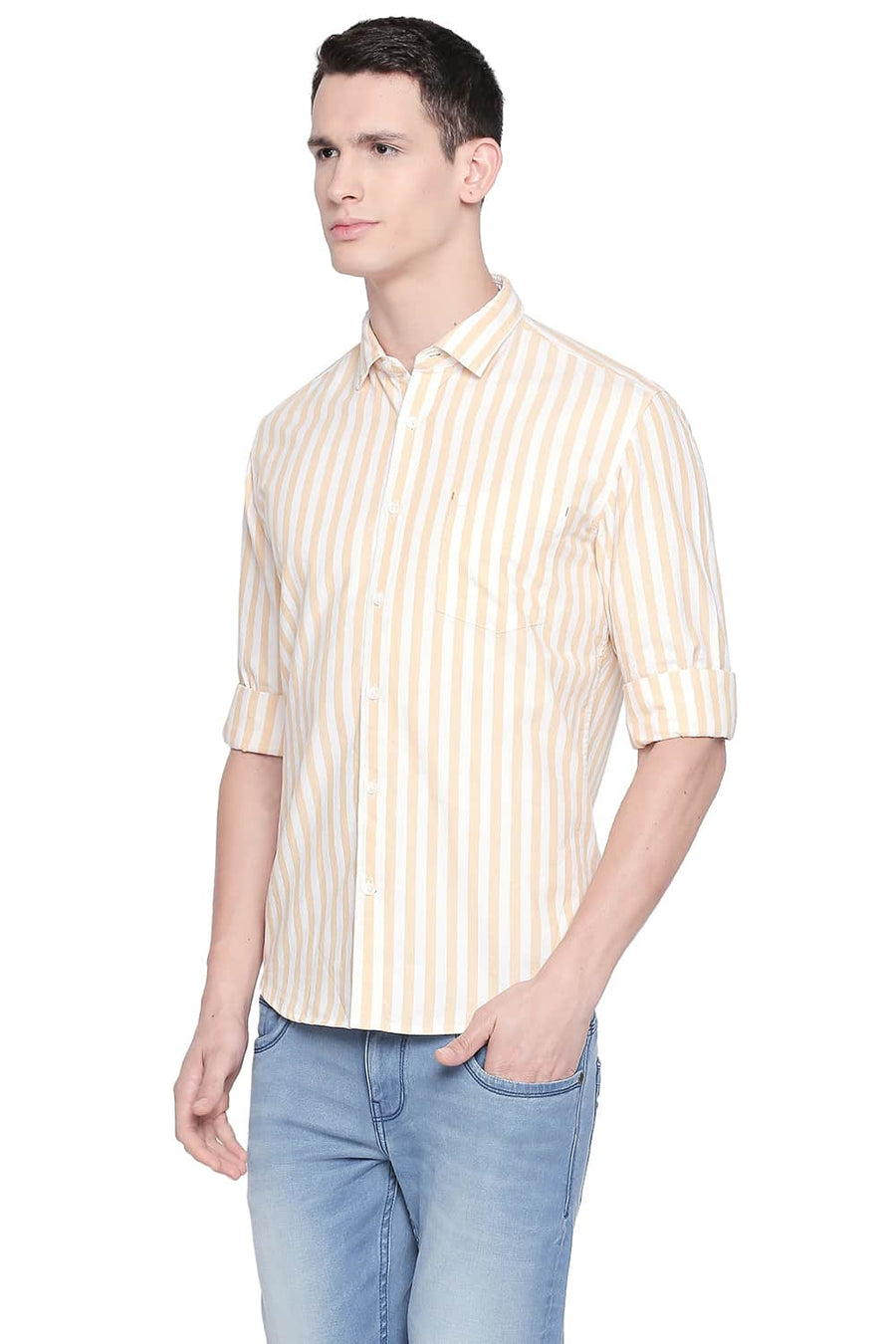BASICS SLIM FIT IMPALA YELLOW TWILL STRIPES SHIRT