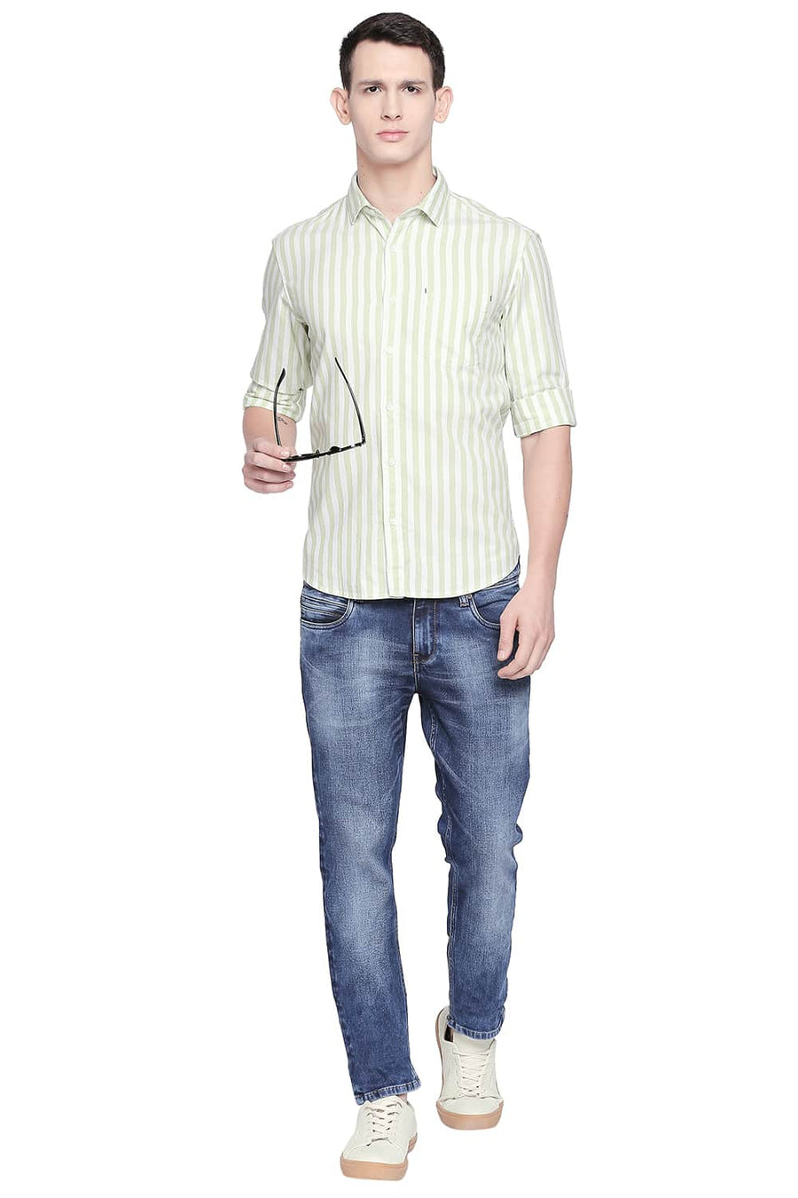 BASICS SLIM FIT ARCADIAN GREEN TWILL STRIPES SHIRT