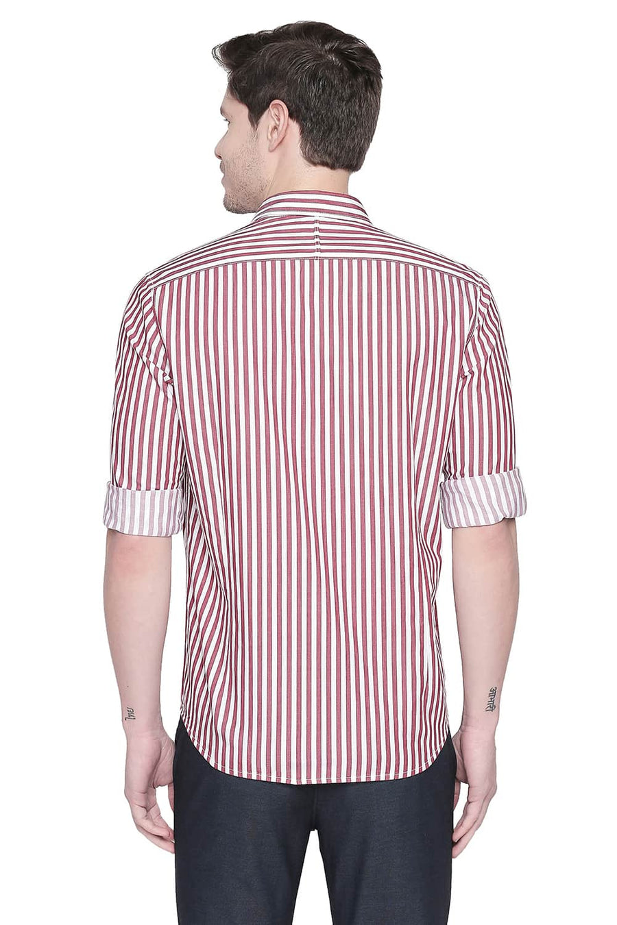 BASICS SLIM FIT RED DAHLIA STRIPE TWILL SHIRT